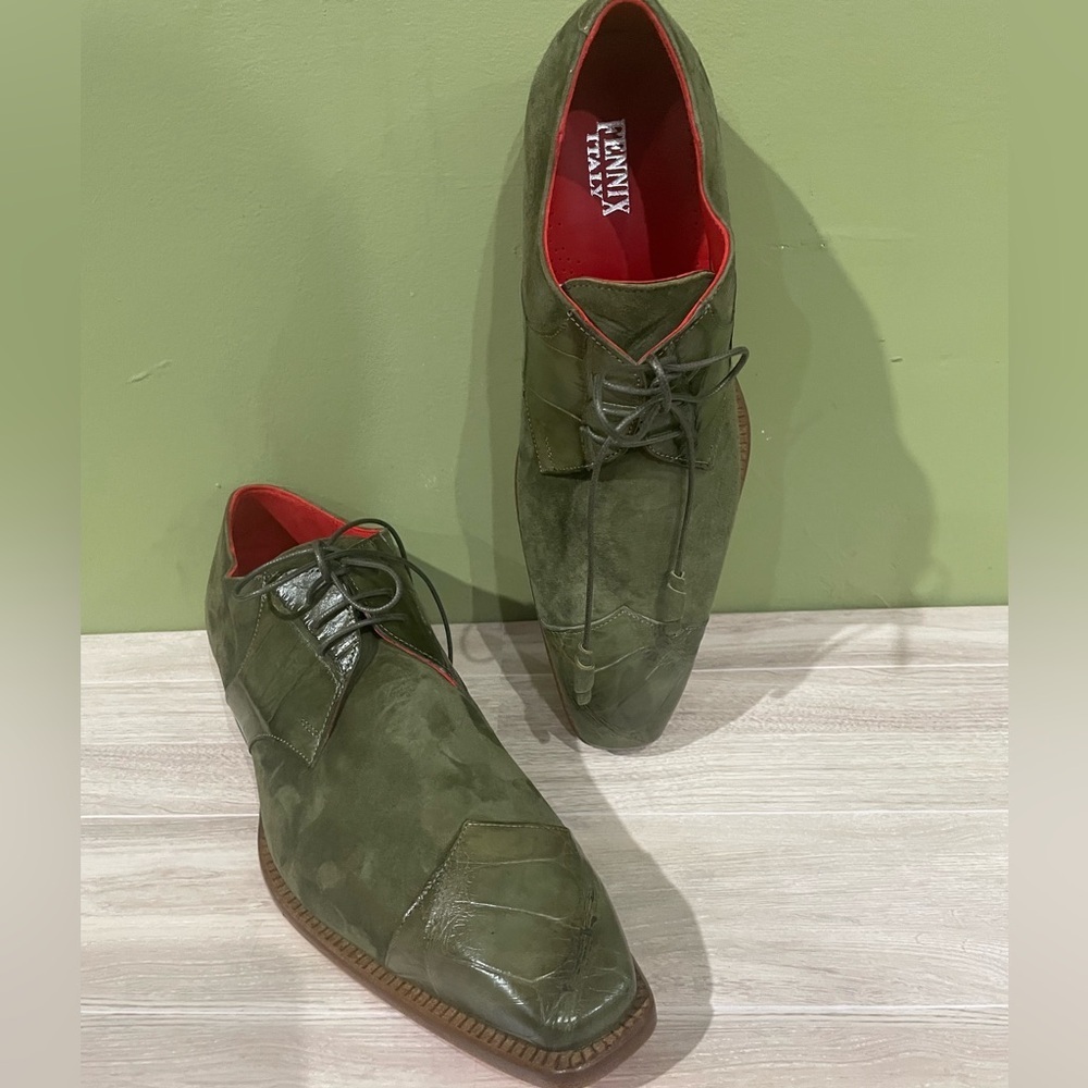 Fennix Italy Men dress shoes alligator/suede olive oxford cap toe